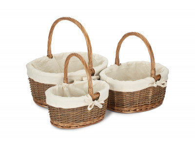 Basket, Set of 3 OVAL UNPEELED WILLOW SHOPPERS with WHITE LINING 