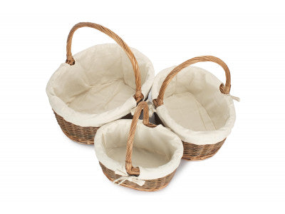 Basket, Set of 3 OVAL UNPEELED WILLOW SHOPPERS with WHITE LINING 