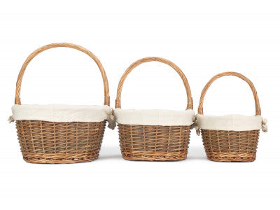 Basket, Set of 3 OVAL UNPEELED WILLOW SHOPPERS with WHITE LINING 
