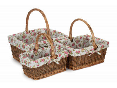 Basket, Set of 3 RECTANGULAR UNPEELED WILLOW SHOPPERS with GARDEN ROSE LINING 