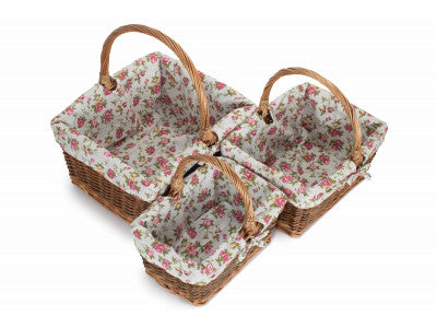 Basket, Set of 3 RECTANGULAR UNPEELED WILLOW SHOPPERS with GARDEN ROSE LINING 