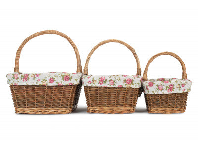 Basket, Set of 3 RECTANGULAR UNPEELED WILLOW SHOPPERS with GARDEN ROSE LINING 