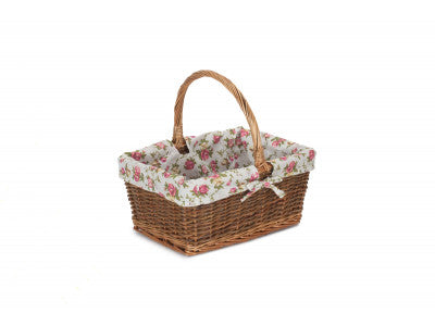 Basket, SIZE 2 RECTANGULAR UNPEELED WILLOW SHOPPER with GARDEN ROSE LINING