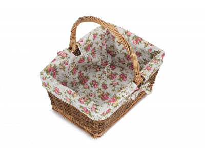 Basket, SIZE 2 RECTANGULAR UNPEELED WILLOW SHOPPER with GARDEN ROSE LINING