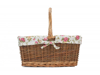Basket, SIZE 2 RECTANGULAR UNPEELED WILLOW SHOPPER with GARDEN ROSE LINING