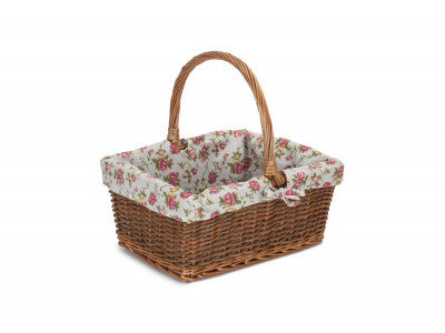 Basket, SIZE 3 RECTANGULAR UNPEELED WILLOW SHOPPER with GARDEN ROSE LINING
