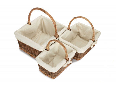 Basket, Set of 3 RECTANGULAR UNPEELED WILLOW SHOPPERS with WHITE LINING 