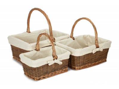 Basket, Set of 3 RECTANGULAR UNPEELED WILLOW SHOPPERS with WHITE LINING 