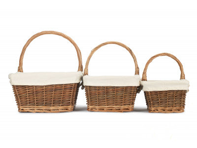Basket, Set of 3 RECTANGULAR UNPEELED WILLOW SHOPPERS with WHITE LINING 
