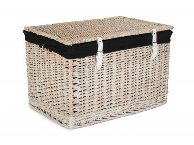 "Basket, 24" WHITE WASH CHEST HAMPER with BLACK LINING"