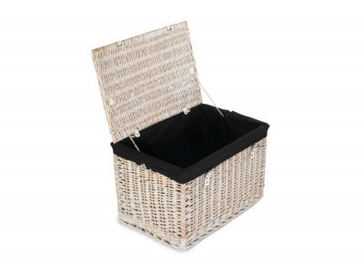 "Basket, 24" WHITE WASH CHEST HAMPER with BLACK LINING"