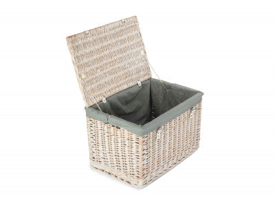 "Basket, 24" WHITE WASH CHEST HAMPER with GREY SAGE LINING"
