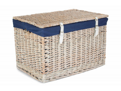 "Basket, 24" WHITE WASH CHEST HAMPER with NAVY BLUE LINING"