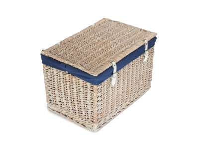 "Basket, 24" WHITE WASH CHEST HAMPER with NAVY BLUE LINING"