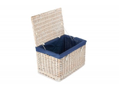 "Basket, 24" WHITE WASH CHEST HAMPER with NAVY BLUE LINING"