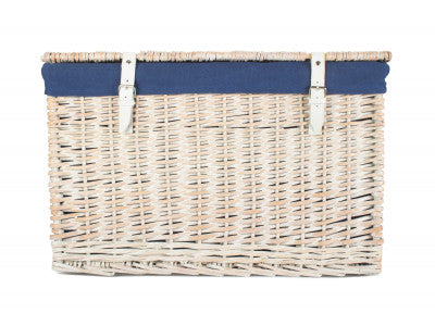 "Basket, 24" WHITE WASH CHEST HAMPER with NAVY BLUE LINING"