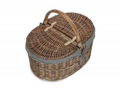 Basket, DEEP ANTIQUE WASH OVAL PICNIC BASKET with GREY SAGE LINING