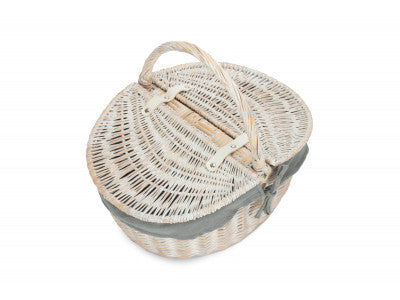 Basket, WHITE WASH FINISH OVAL PICNIC with GREY SAGE LINING