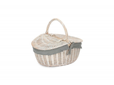 Basket, WHITE WASH FINISH OVAL PICNIC with GREY SAGE LINING