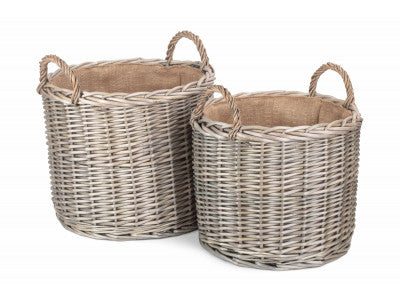 Basket, Set of 2 ROUND STRAIGHT-SIDED WICKER LOG / STORAGE BASKETS 
