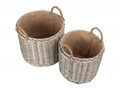 Basket, Set of 2 ROUND STRAIGHT-SIDED WICKER LOG / STORAGE BASKETS 