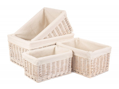 Basket, Set of 4 WHITE WASH STORAGE BASKETS with WHITE LINING 