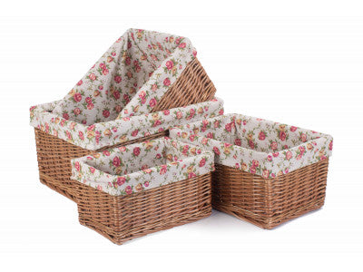Basket, Set of 4 DOUBLE STEAMED STORAGE BASKETS with GARDEN ROSE LINING 