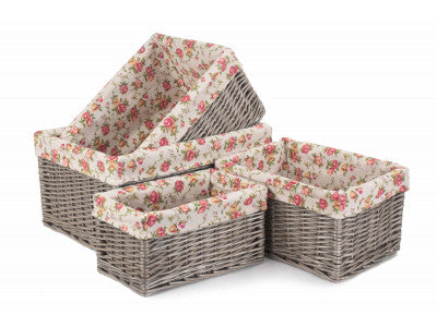 Basket, ANTIQUE WASH STORAGE BASKETS with GARDEN ROSE LINING SET 4 