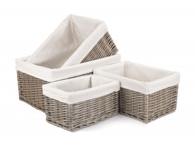 Basket, Set of 4 ANTIQUE WASH STORAGE BASKETS with WHITE LINING 