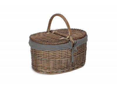Basket, DEEP ANTIQUE WASH OVAL PICNIC BASKET with GREY SAGE LINING
