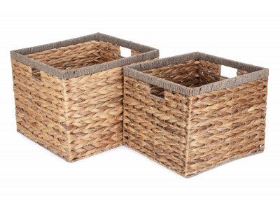 Basket, SQUARE WATER HYACINTH STORAGE BASKETS with GREY ROPE BORDER SET 2 