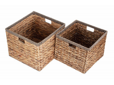 Basket, SQUARE WATER HYACINTH STORAGE BASKETS with GREY ROPE BORDER SET 2 