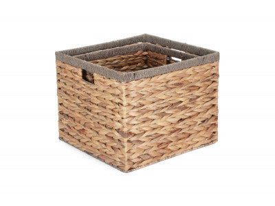Basket, SQUARE WATER HYACINTH STORAGE BASKETS with GREY ROPE BORDER SET 2 