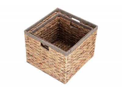 Basket, SQUARE WATER HYACINTH STORAGE BASKETS with GREY ROPE BORDER SET 2 