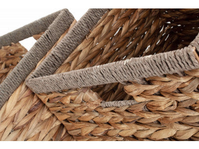 Basket, SQUARE WATER HYACINTH STORAGE BASKETS with GREY ROPE BORDER SET 2 