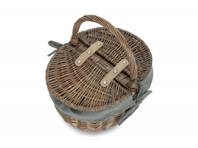 Basket, SMALL ANTIQUE WASH FINISH OVAL PICNIC BASKET with GREY SAGE LINING