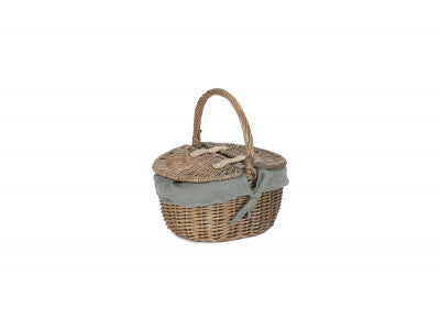 Basket, SMALL ANTIQUE WASH FINISH OVAL PICNIC BASKET with GREY SAGE LINING