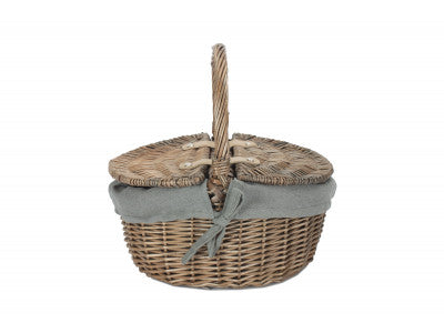 Basket, SMALL ANTIQUE WASH FINISH OVAL PICNIC BASKET with GREY SAGE LINING