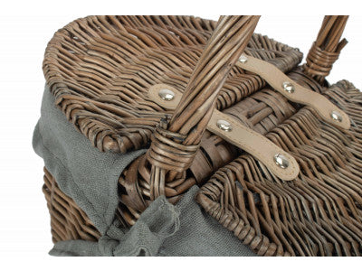Basket, SMALL ANTIQUE WASH FINISH OVAL PICNIC BASKET with GREY SAGE LINING
