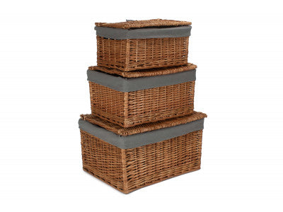 Basket, Set of 3 DOUBLE STEAMED STORAGE HAMPER with GREY SAGE LINING 