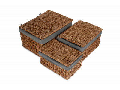 Basket, Set of 3 DOUBLE STEAMED STORAGE HAMPER with GREY SAGE LINING 