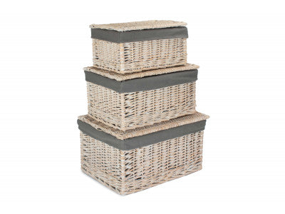 Basket, Set of 3 WHITE WASH FINISH STORAGE HAMPER with GREY SAGE LINING 