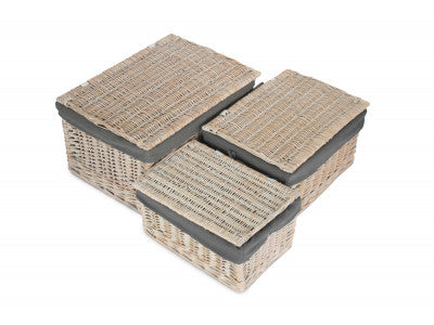 Basket, Set of 3 WHITE WASH FINISH STORAGE HAMPER with GREY SAGE LINING 