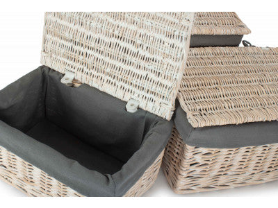 Basket, Set of 3 WHITE WASH FINISH STORAGE HAMPER with GREY SAGE LINING 
