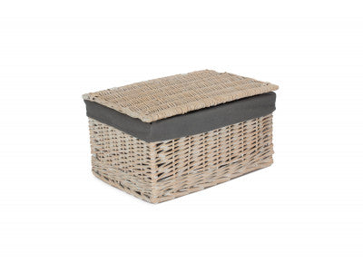 Basket, LARGE WHITE WASH FINISH STORAGE HAMPER with GREY SAGE LINING