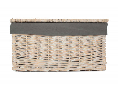 Basket, LARGE WHITE WASH FINISH STORAGE HAMPER with GREY SAGE LINING