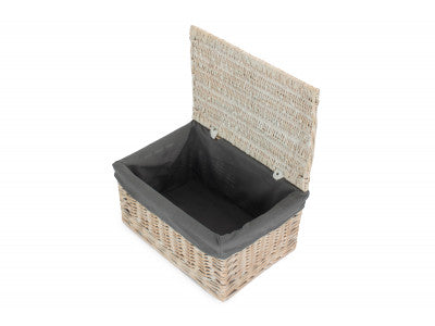 Basket, LARGE WHITE WASH FINISH STORAGE HAMPER with GREY SAGE LINING