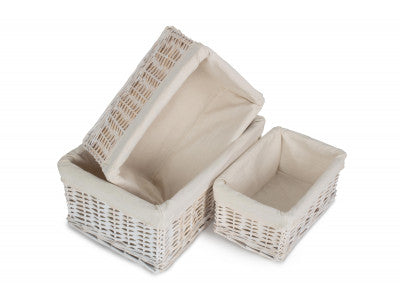 Basket, Set of 3 WHITE WASH WICKER STORAGE BASKETS with LINING 