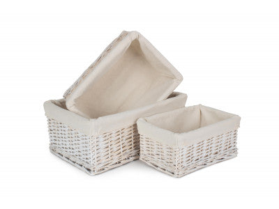 Basket, Set of 3 WHITE WASH WICKER STORAGE BASKETS with LINING 