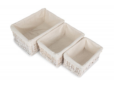 Basket, Set of 3 WHITE WASH WICKER STORAGE BASKETS with LINING 